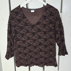 Brittany Black Floral Embroidered Brown Top Flutter Sleeve Large‎ Fairy Grunge